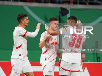 Christoph Baumgartner of Leipzig celebrates the teams second goal during the DFB Cup  Second Round match between RB Leipzig and FC St. Pauli...