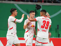 Christoph Baumgartner of Leipzig celebrates the teams second goal during the DFB Cup  Second Round match between RB Leipzig and FC St. Pauli...