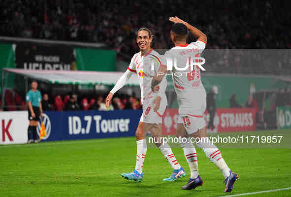 Yussuf Poulsen of Leipzig celebrate during the DFB Cup  Second Round match between RB Leipzig and FC St. Pauli at Red Bull arena, Leipzig, G...