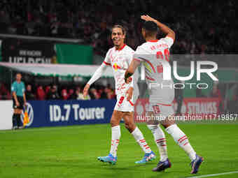 Yussuf Poulsen of Leipzig celebrate during the DFB Cup  Second Round match between RB Leipzig and FC St. Pauli at Red Bull arena, Leipzig, G...