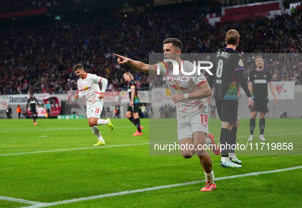 Christoph Baumgartner of Leipzig celebrates the teams second goal during the DFB Cup  Second Round match between RB Leipzig and FC St. Pauli...