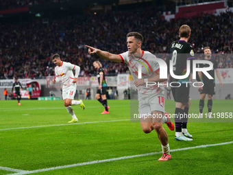 Christoph Baumgartner of Leipzig celebrates the teams second goal during the DFB Cup  Second Round match between RB Leipzig and FC St. Pauli...