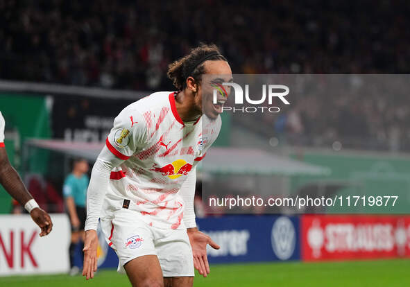 Yussuf Poulsen of Leipzig celebrates the teams third goal during the DFB Cup  Second Round match between RB Leipzig and FC St. Pauli at Red...