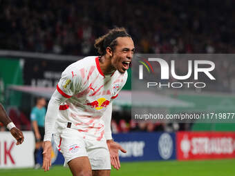 Yussuf Poulsen of Leipzig celebrates the teams third goal during the DFB Cup  Second Round match between RB Leipzig and FC St. Pauli at Red...