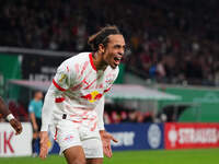 Yussuf Poulsen of Leipzig celebrates the teams third goal during the DFB Cup  Second Round match between RB Leipzig and FC St. Pauli at Red...