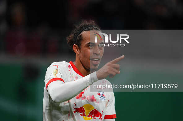 Yussuf Poulsen of Leipzig celebrates the teams third goal during the DFB Cup  Second Round match between RB Leipzig and FC St. Pauli at Red...