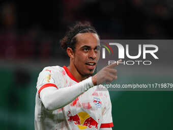 Yussuf Poulsen of Leipzig celebrates the teams third goal during the DFB Cup  Second Round match between RB Leipzig and FC St. Pauli at Red...