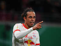 Yussuf Poulsen of Leipzig celebrates the teams third goal during the DFB Cup  Second Round match between RB Leipzig and FC St. Pauli at Red...