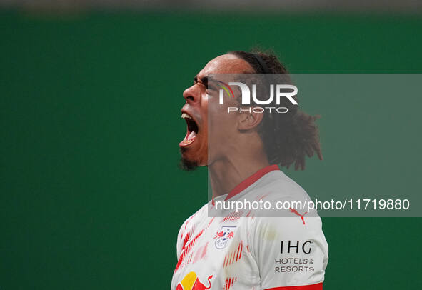 Yussuf Poulsen of Leipzig celebrates the teams third goal during the DFB Cup  Second Round match between RB Leipzig and FC St. Pauli at Red...