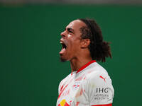 Yussuf Poulsen of Leipzig celebrates the teams third goal during the DFB Cup  Second Round match between RB Leipzig and FC St. Pauli at Red...