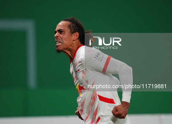 Yussuf Poulsen of Leipzig celebrates the teams third goal during the DFB Cup  Second Round match between RB Leipzig and FC St. Pauli at Red...