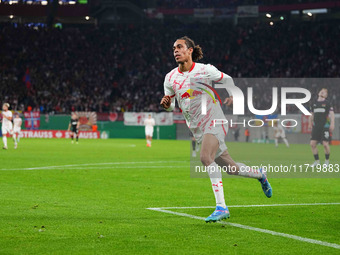 Yussuf Poulsen of Leipzig celebrates the teams third goal during the DFB Cup  Second Round match between RB Leipzig and FC St. Pauli at Red...