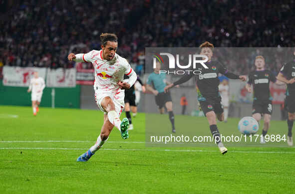 Yussuf Poulsen of Leipzig scores the teams third goal during the DFB Cup  Second Round match between RB Leipzig and FC St. Pauli at Red Bull...