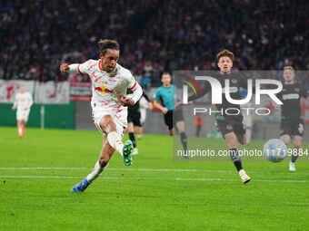 Yussuf Poulsen of Leipzig scores the teams third goal during the DFB Cup  Second Round match between RB Leipzig and FC St. Pauli at Red Bull...