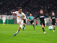 Yussuf Poulsen of Leipzig scores the teams third goal during the DFB Cup  Second Round match between RB Leipzig and FC St. Pauli at Red Bull...