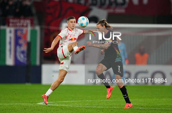 Christoph Baumgartner of Leipzig controls the ball during the DFB Cup  Second Round match between RB Leipzig and FC St. Pauli at Red Bull ar...