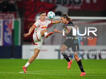 Christoph Baumgartner of Leipzig controls the ball during the DFB Cup  Second Round match between RB Leipzig and FC St. Pauli at Red Bull ar...