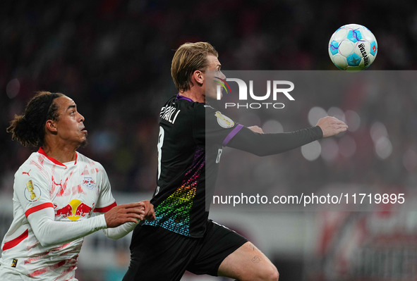 Eric Smith of FC St. Pauli controls the ball during the DFB Cup  Second Round match between RB Leipzig and FC St. Pauli at Red Bull arena, L...