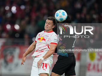 Christoph Baumgartner of Leipzig heads during the DFB Cup  Second Round match between RB Leipzig and FC St. Pauli at Red Bull arena, Leipzig...