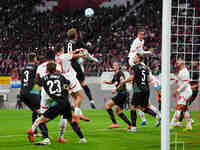 El Chadaille Bitshiabu of Leipzig heads during the DFB Cup  Second Round match between RB Leipzig and FC St. Pauli at Red Bull arena, Leipzi...