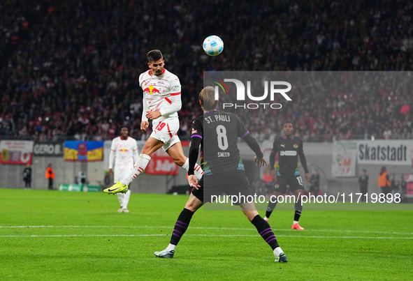 André Silva of Leipzig heads during the DFB Cup  Second Round match between RB Leipzig and FC St. Pauli at Red Bull arena, Leipzig, Germany...