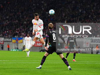 André Silva of Leipzig heads during the DFB Cup  Second Round match between RB Leipzig and FC St. Pauli at Red Bull arena, Leipzig, Germany...