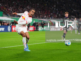 Yussuf Poulsen of Leipzig controls the ball during the DFB Cup  Second Round match between RB Leipzig and FC St. Pauli at Red Bull arena, Le...