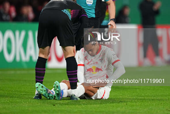 Yussuf Poulsen of Leipzig on the ground during the DFB Cup  Second Round match between RB Leipzig and FC St. Pauli at Red Bull arena, Leipzi...