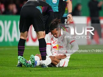 Yussuf Poulsen of Leipzig on the ground during the DFB Cup  Second Round match between RB Leipzig and FC St. Pauli at Red Bull arena, Leipzi...