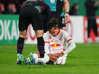 Yussuf Poulsen of Leipzig on the ground during the DFB Cup  Second Round match between RB Leipzig and FC St. Pauli at Red Bull arena, Leipzi...