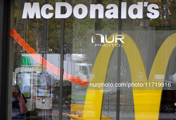 A McDonald's branch in the commercial area of Barcelona, Spain, on October 29, 2024, has Halloween decorations on its windows. 