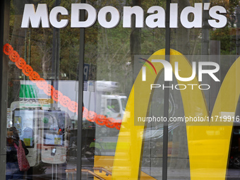 A McDonald's branch in the commercial area of Barcelona, Spain, on October 29, 2024, has Halloween decorations on its windows. (