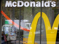 A McDonald's branch in the commercial area of Barcelona, Spain, on October 29, 2024, has Halloween decorations on its windows. (