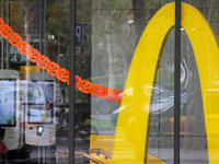 A McDonald's branch in the commercial area of Barcelona, Spain, on October 29, 2024, has Halloween decorations on its windows. (