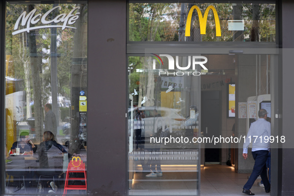 A McDonald's branch in the commercial area of Barcelona, Spain, on October 29, 2024, has Halloween decorations on its windows. 