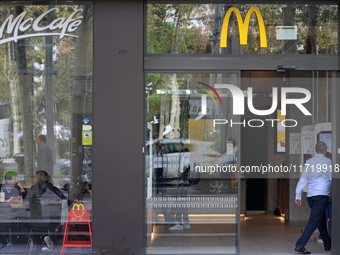 A McDonald's branch in the commercial area of Barcelona, Spain, on October 29, 2024, has Halloween decorations on its windows. (