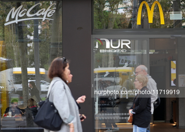 A McDonald's branch in the commercial area of Barcelona, Spain, on October 29, 2024, has Halloween decorations on its windows. 