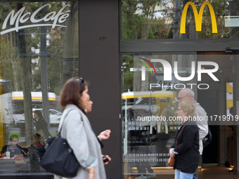 A McDonald's branch in the commercial area of Barcelona, Spain, on October 29, 2024, has Halloween decorations on its windows. (