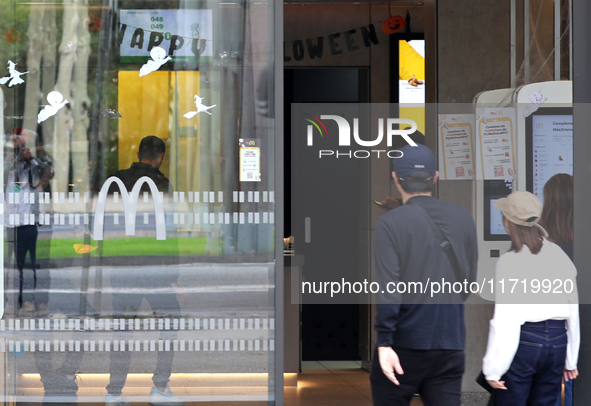 A McDonald's branch in the commercial area of Barcelona, Spain, on October 29, 2024, has Halloween decorations on its windows. 