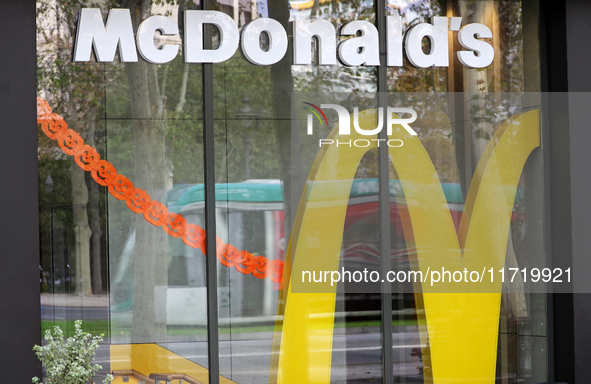 A McDonald's branch in the commercial area of Barcelona, Spain, on October 29, 2024, has Halloween decorations on its windows. 