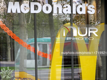 A McDonald's branch in the commercial area of Barcelona, Spain, on October 29, 2024, has Halloween decorations on its windows. (