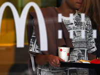 A McDonald's branch in the commercial area of Barcelona, Spain, on October 29, 2024, has Halloween decorations on its windows. (