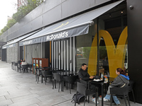 A McDonald's branch in the commercial area of Barcelona, Spain, on October 29, 2024, has Halloween decorations on its windows. (