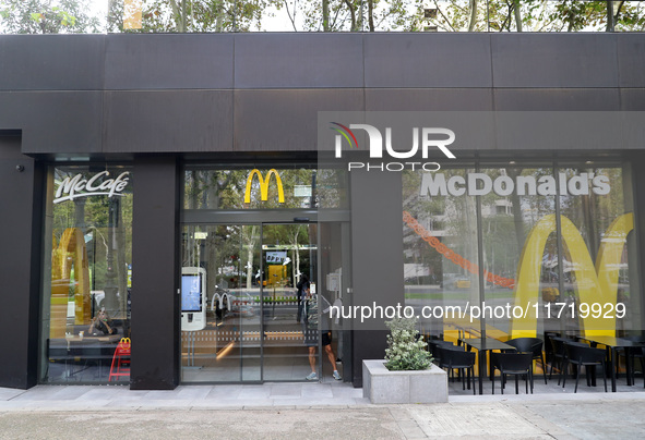 A McDonald's branch in the commercial area of Barcelona, Spain, on October 29, 2024, has Halloween decorations on its windows. 