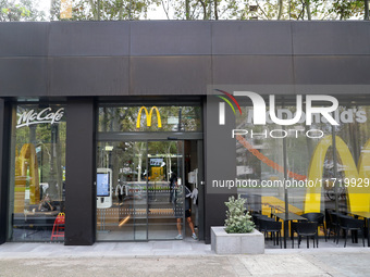 A McDonald's branch in the commercial area of Barcelona, Spain, on October 29, 2024, has Halloween decorations on its windows. (