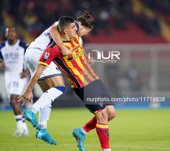 Nikola Krstovic of US Lecce is in action during the Serie A match between Lecce and Verona in Lecce, Italy, on October 29, 2024. 