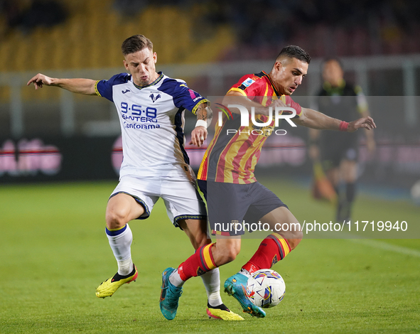 Nikola Krstovic of US Lecce is in action during the Serie A match between Lecce and Verona in Lecce, Italy, on October 29, 2024. 