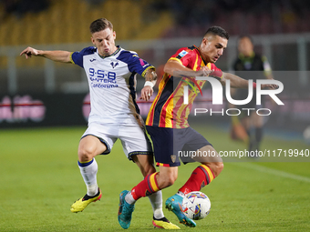 Nikola Krstovic of US Lecce is in action during the Serie A match between Lecce and Verona in Lecce, Italy, on October 29, 2024. (