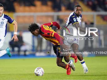 Patrick Dorgu of US Lecce is in action during the Serie A match between Lecce and Verona in Lecce, Italy, on October 29, 2024. (