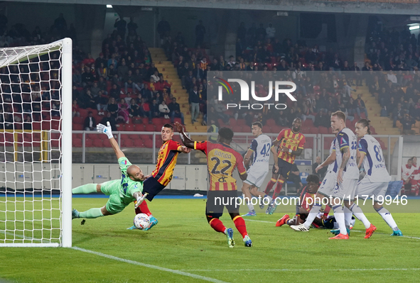 Nikola Krstovic of US Lecce is in action during the Serie A match between Lecce and Verona in Lecce, Italy, on October 29, 2024. 